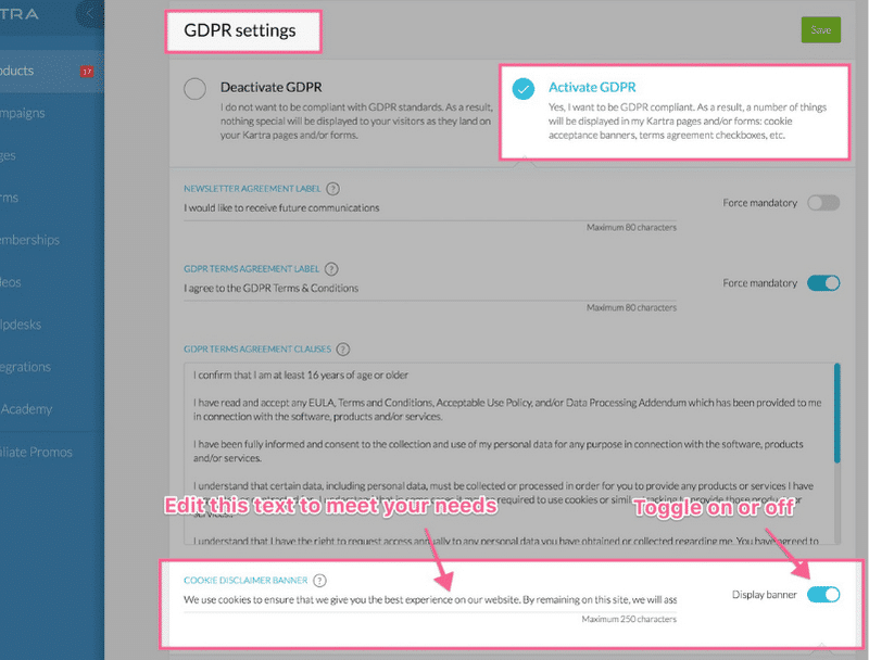 kartra gdpr settings