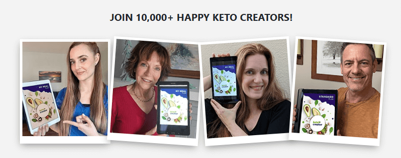 Four smiling people each hold up a tablet or booklet with a keto diet guide cover, featuring avocados and eggs. Text above reads: “JOIN 10,000+ HAPPY KETO CREATORS!”—discover your plan with our quiz funnel!.