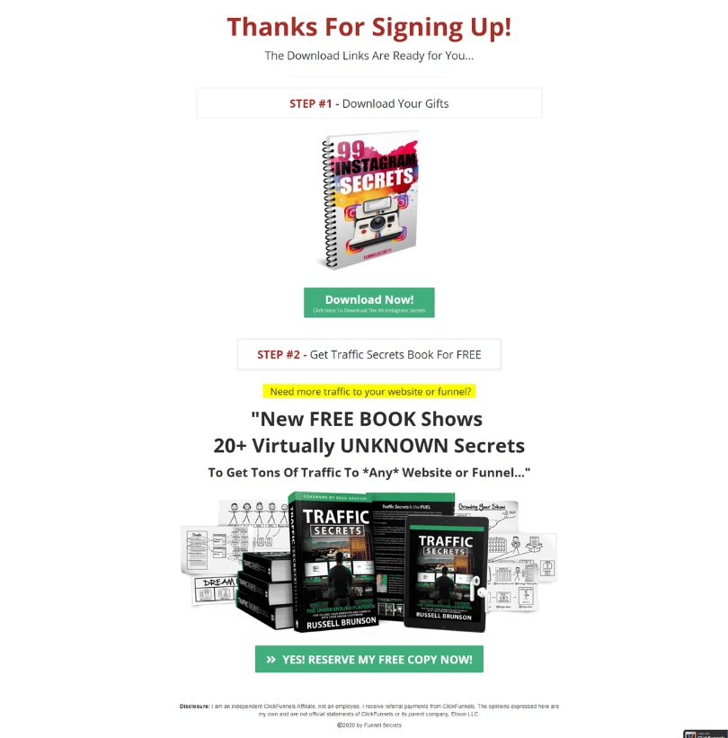 instagram secrets funnel thank you page