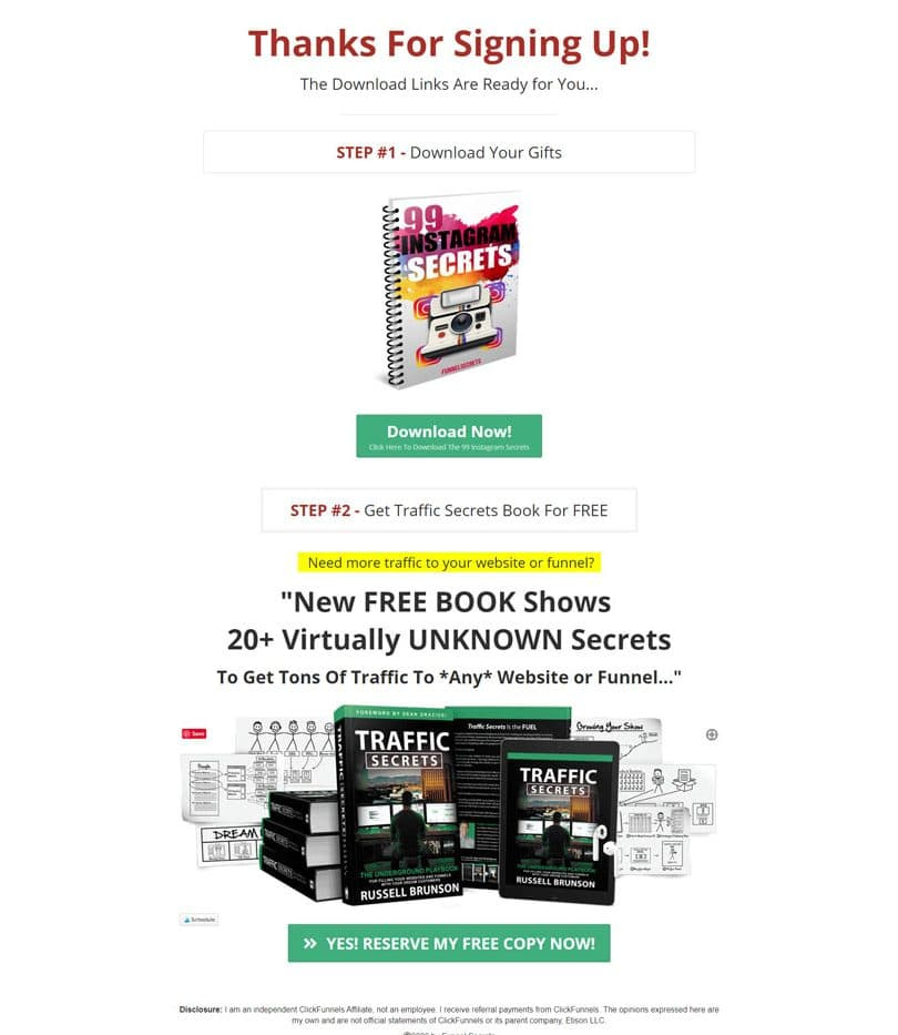 Lead funnel instagram secrets thank you page