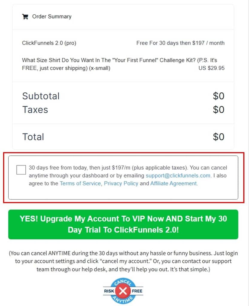 Confirm Clickfunnels 30 days trial on the order page of the Your First Funnel Challenge