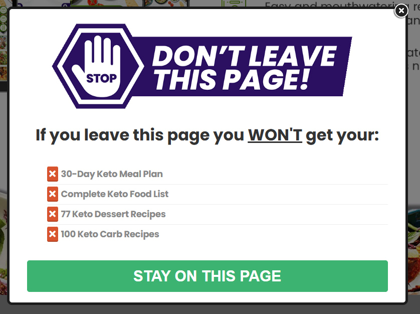 A pop-up warning appears saying DONT LEAVE THIS PAGE! and lists keto resources from our quiz funnel, like a meal plan and recipes. A green button at the bottom says STAY ON THIS PAGE.
