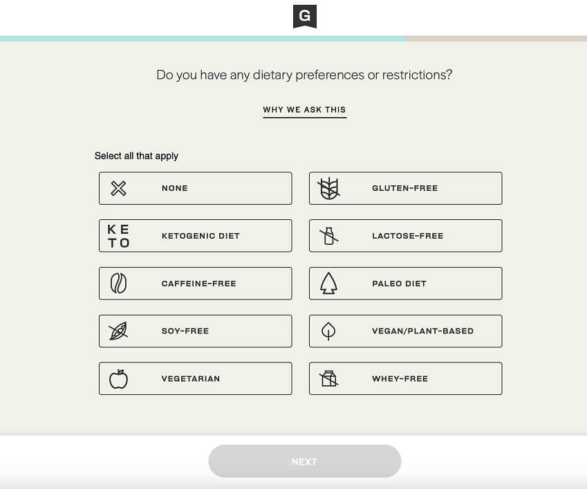 A quiz marketing funnel dietary preferences form with options: None, Gluten-Free, Ketogenic Diet, Lactose-Free, Caffeine-Free, Paleo Diet, Soy-Free, Vegan/Plant-Based, Vegetarian, and Whey-Free. “Next” button at the bottom.