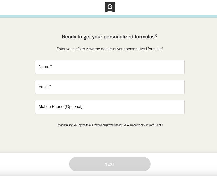 A web form designed as a quiz marketing funnel with fields for Name, Email, and an optional Mobile Phone number. The header asks if you’re ready to get personalized formulas. A NEXT button sits below, along with links to terms and privacy policy.