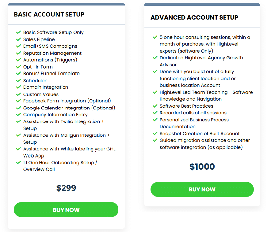 gohighlevel account setup pricing