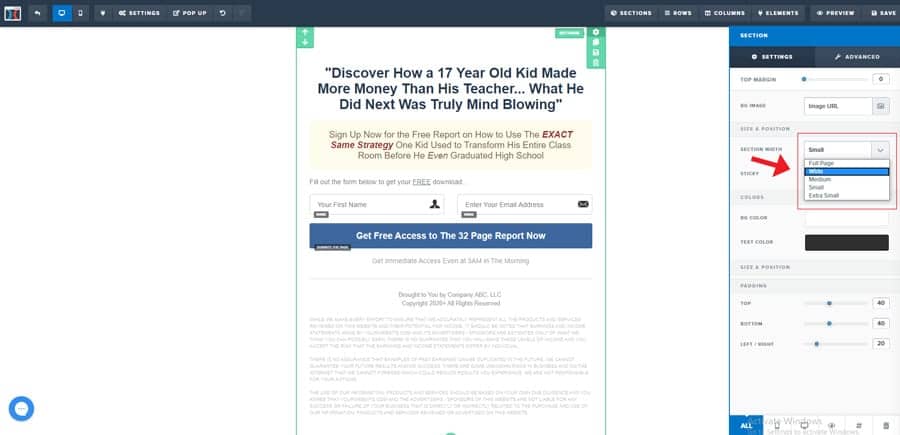 Clickfunnels section setting