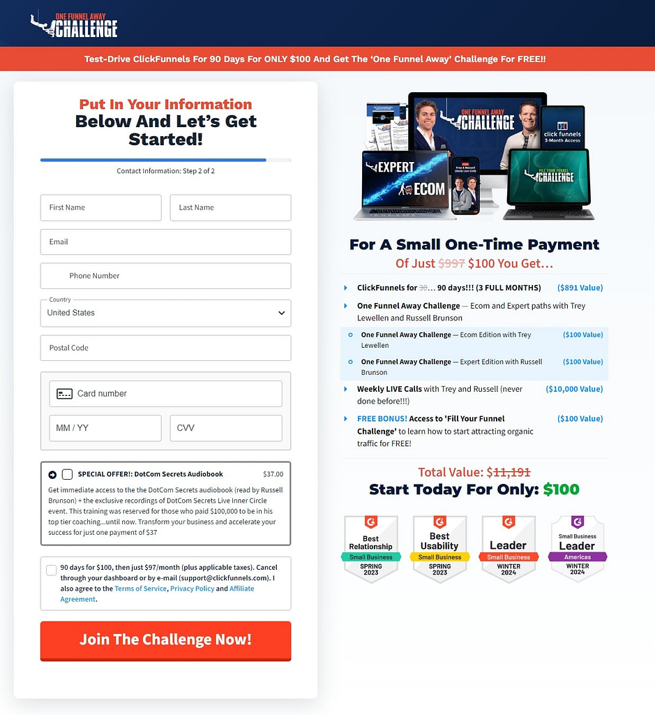 The One Funnel Away Challenge checkout page with a long form