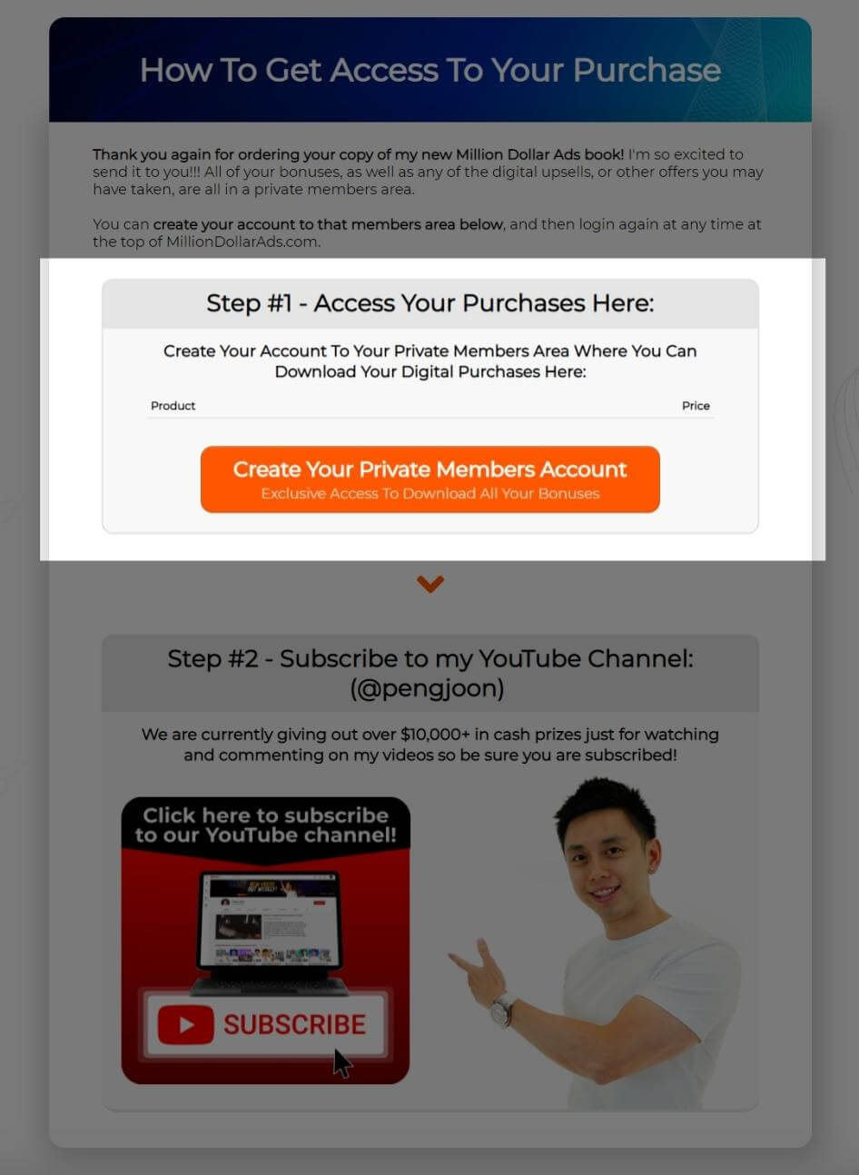 thank you page create account