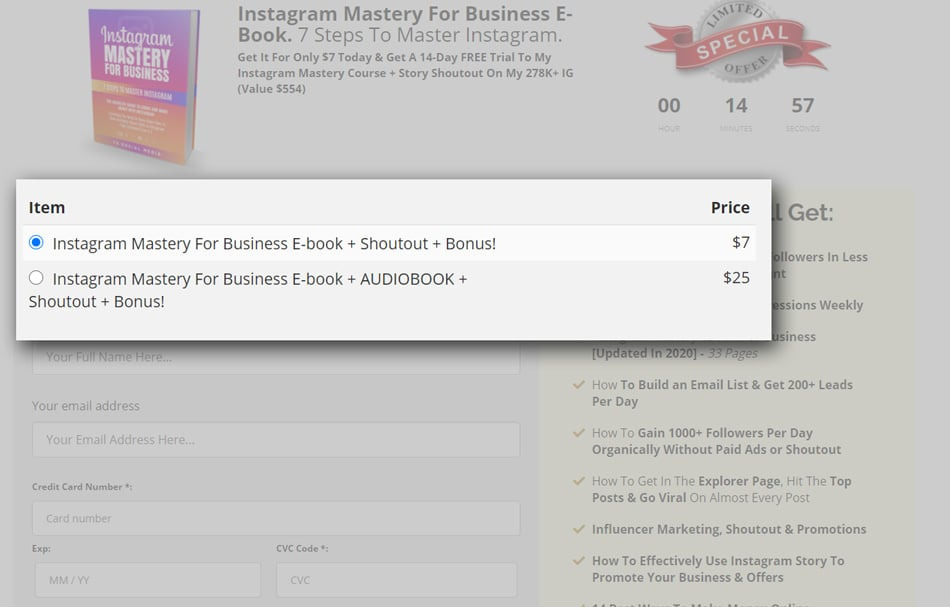 Instagram Mastery For Business ebook checkout