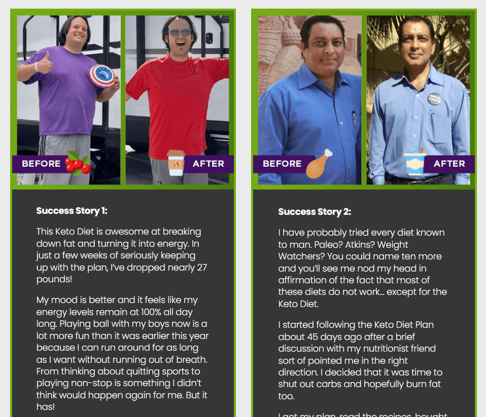 Two side-by-side before and after keto diet success stories show men holding food items and looking happier in the after photos, with their weight loss and improved mood described below each image—both guided by a personalized quiz funnel.