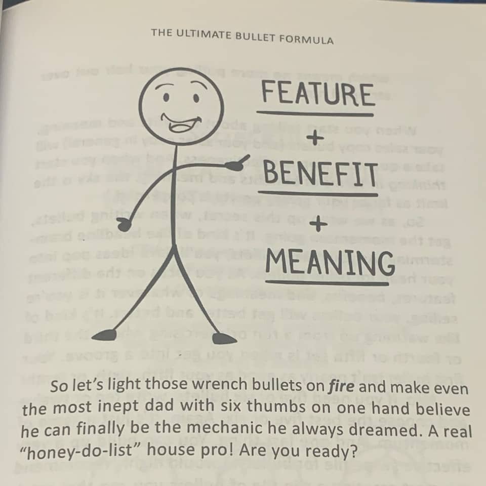 copywriting secrets book review: Feature, benefits and meaning formula