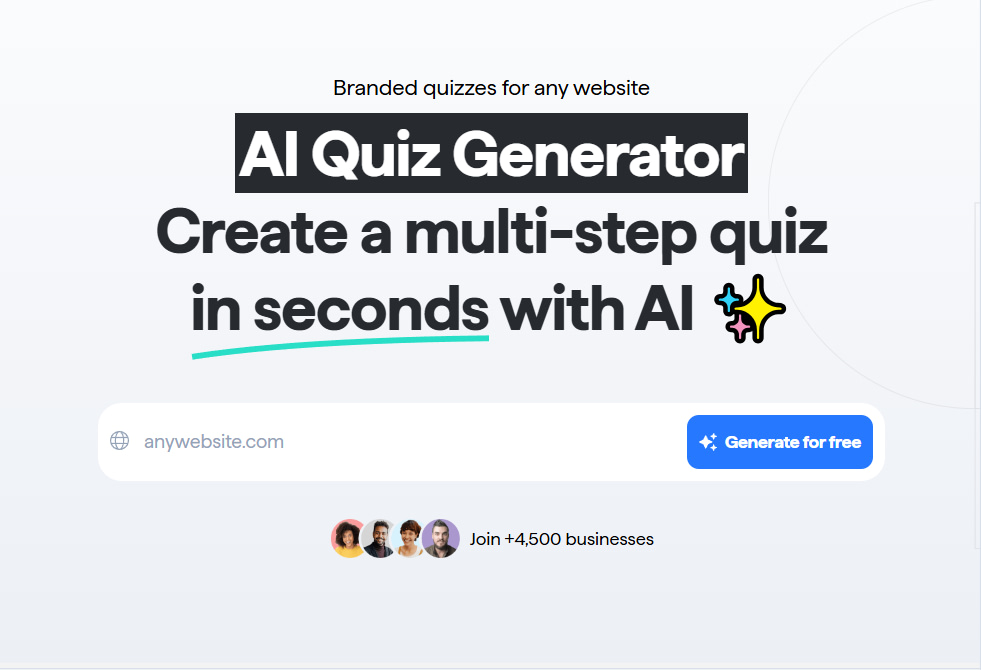 Screenshot of a Involve.me promoting an AI Quiz Generator, stating “Create a multi-step quiz or quiz funnel in seconds with AI.” A search bar and blue “Generate for free” button appear below, alongside icons indicating user endorsements.